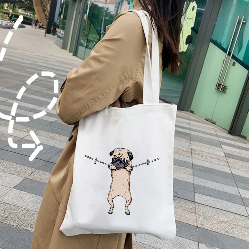 Tas Bahu Kanvas Wanita Hewan Imut Anjing Pug Anak Anjing Lucu Spoof Tas Pembelanja Harajuku Tas Tote Musim Panas Kasual Mode Pembelanja