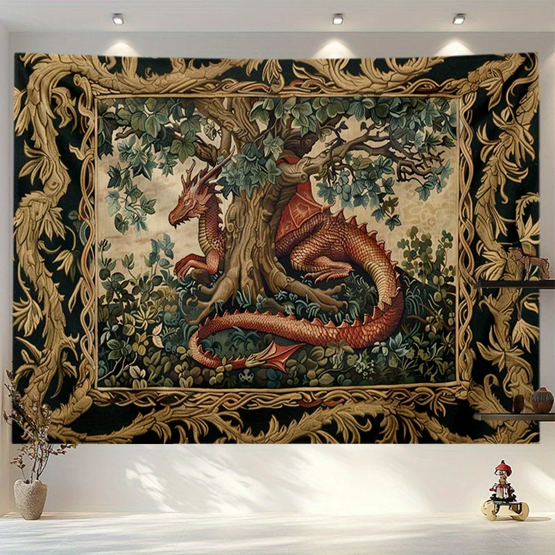 VIKAMA Tapiz europeo vintage con diseño de dragón de árbol, estilo medieval, para sala de estar y comedor, decoración del hogar