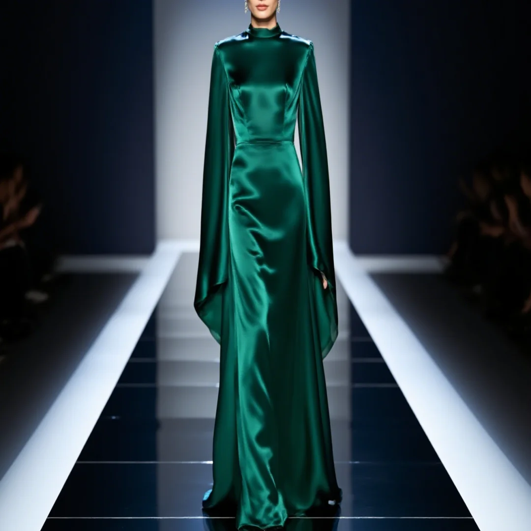 

Customized exquisite long-sleeved pearl A-line floor-length ball gown for ladies, suitable for formal evening events.