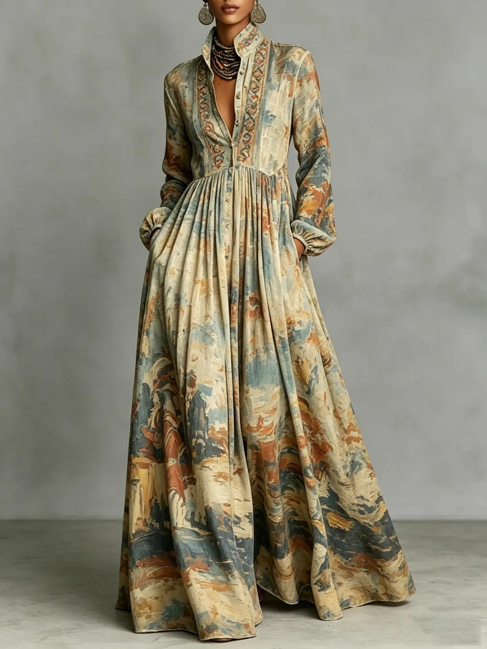 

Women's Vintage Boho Long Sleeve Maxi Dress Artistic Print Buttoned High Waist Casual Elegant Party Dress Chic Outfit