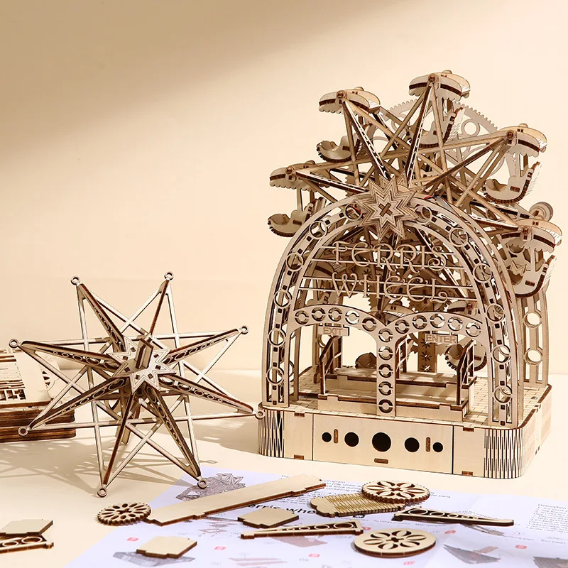 Hand-cranked Ferris Wheel  Wooden 3D Jigsaw Puzzle Toys Indoor Toys For Children Desktop Ornament Gift P618