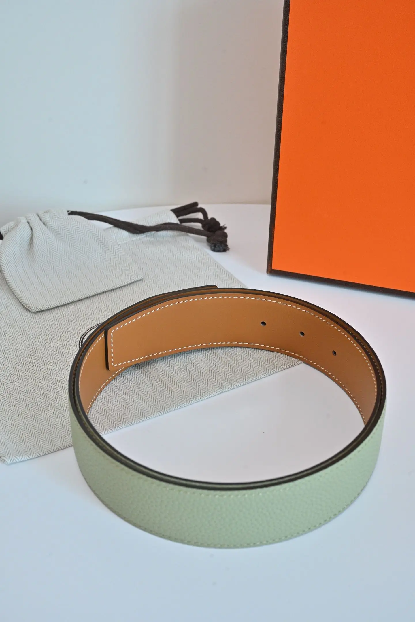 Light Green Cross Grain Cowhide Belt Strap, Caramel Smooth Reverse Side, No Buckle, Contrast White Edge Stitching, Multiple Adjustment Holes