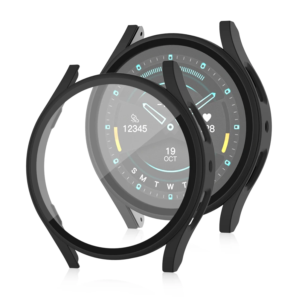 Para Samsung Galaxy Watch7 44mm Capa fosca com filme de tela de vidro temperado Capa dura para relógio de PC - Preto