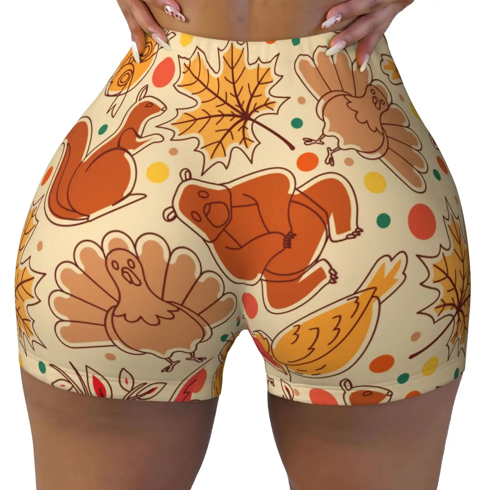 Autumn Animal Maple Leaves Print Workout Shorts for Women Seamless Soft Smooth Gym Yoga Scrunch Active Shorts