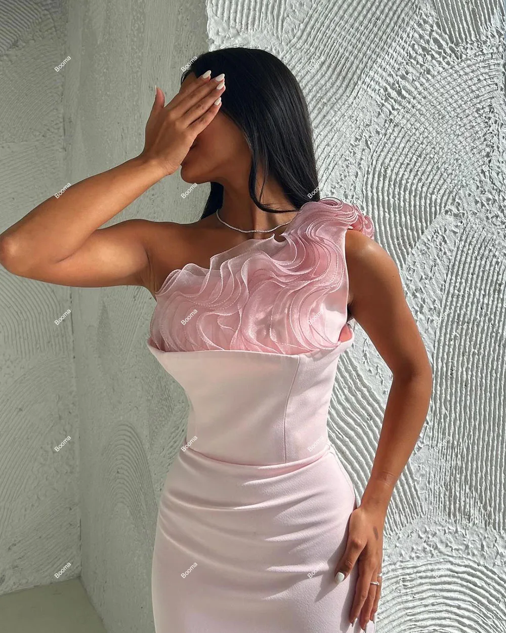 Booma Pink Mermaid Evening Dresses One Shoulder Sleeveless Ruffles Formal Occasion Gowns Dubai Wedding Party Dress with Train