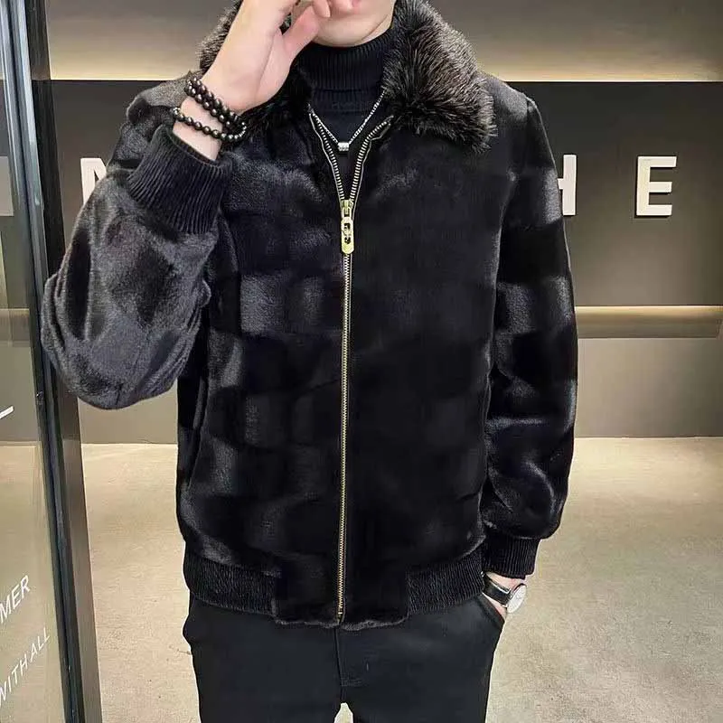 Winter Kurze Deluxe Imitation Pelz Jacke Männer Drehen-unten Kragen Schwarz Weiche Warme Faux Pelzmantel Männer Langarm flauschigen Jacken 2025