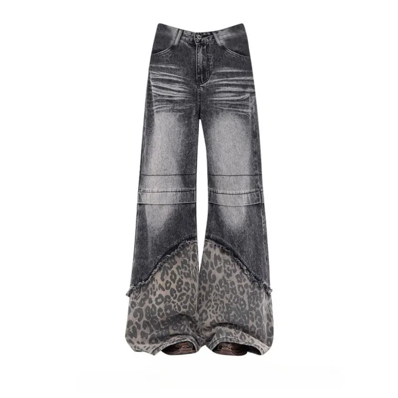 

Patchwork Leopard Wide Leg Jeans Women Vintage Harajuku Washed Korean Streetwear Baggy Denim Pants