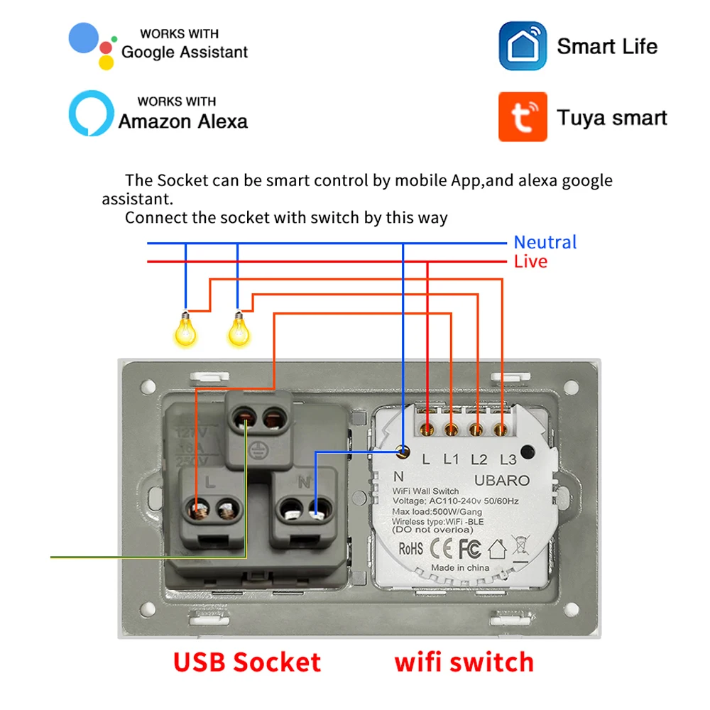 US Smart House Tuya Wifi Switch With Socket  Glass Panel Sensor Button Inteligente Work With Google Home Alexa Voice Control