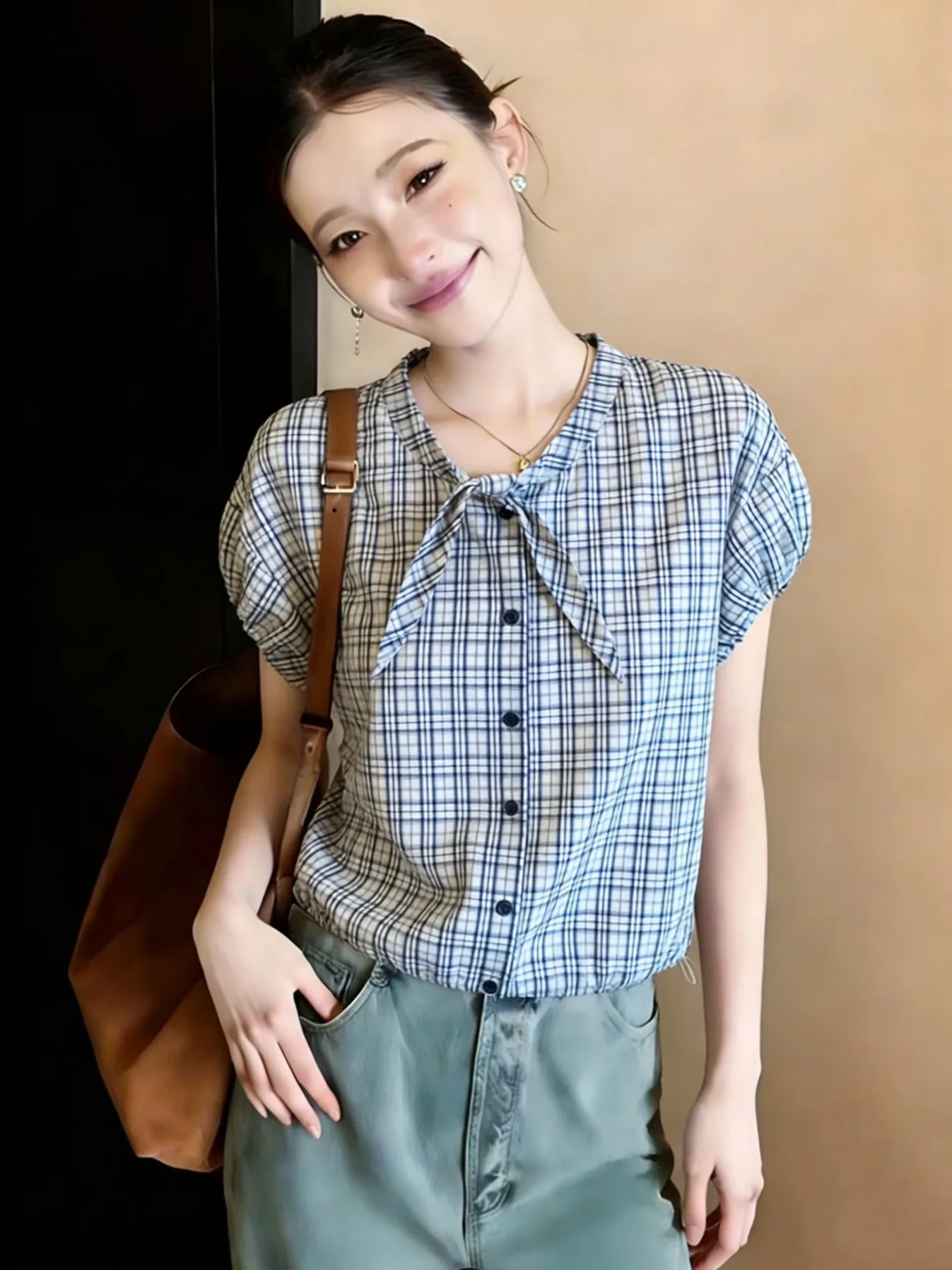 

plus Size Women's Fashion Retro Plaid Short Sleeve Shirt with Belt Summer New Style Slimming Versatile Design Korean Commute ...