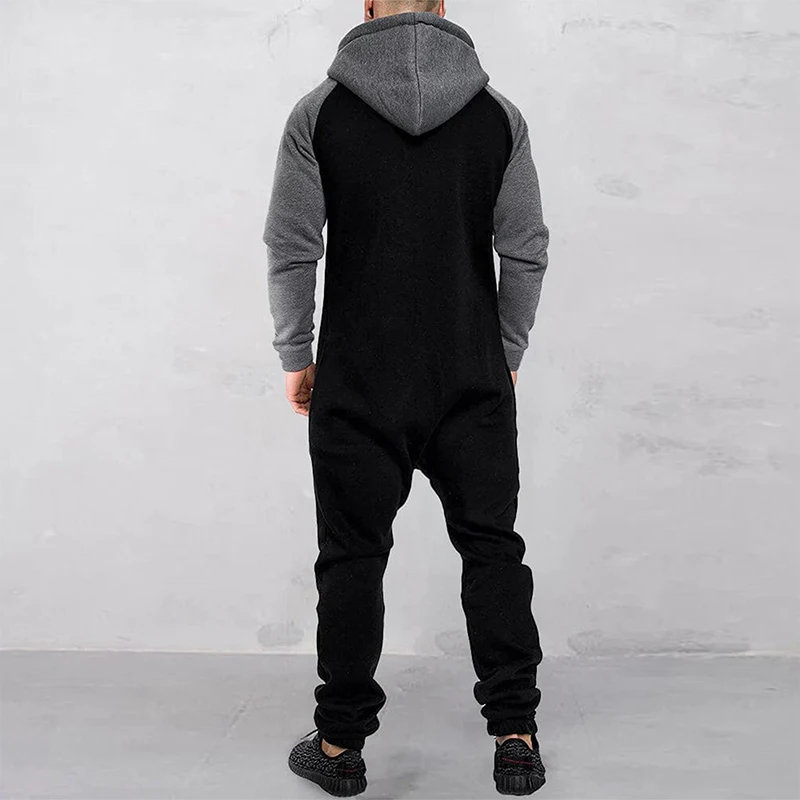 Men s Hooded Jumpsuit with Front Zipper and Pockets Long Sleeve Romper for Winter and Fall Full Length Contrast Design