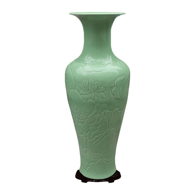 Jingdezhen porcelain bean green carving dragon pattern large vase light luxury housewarming new Chinese living room floor orname