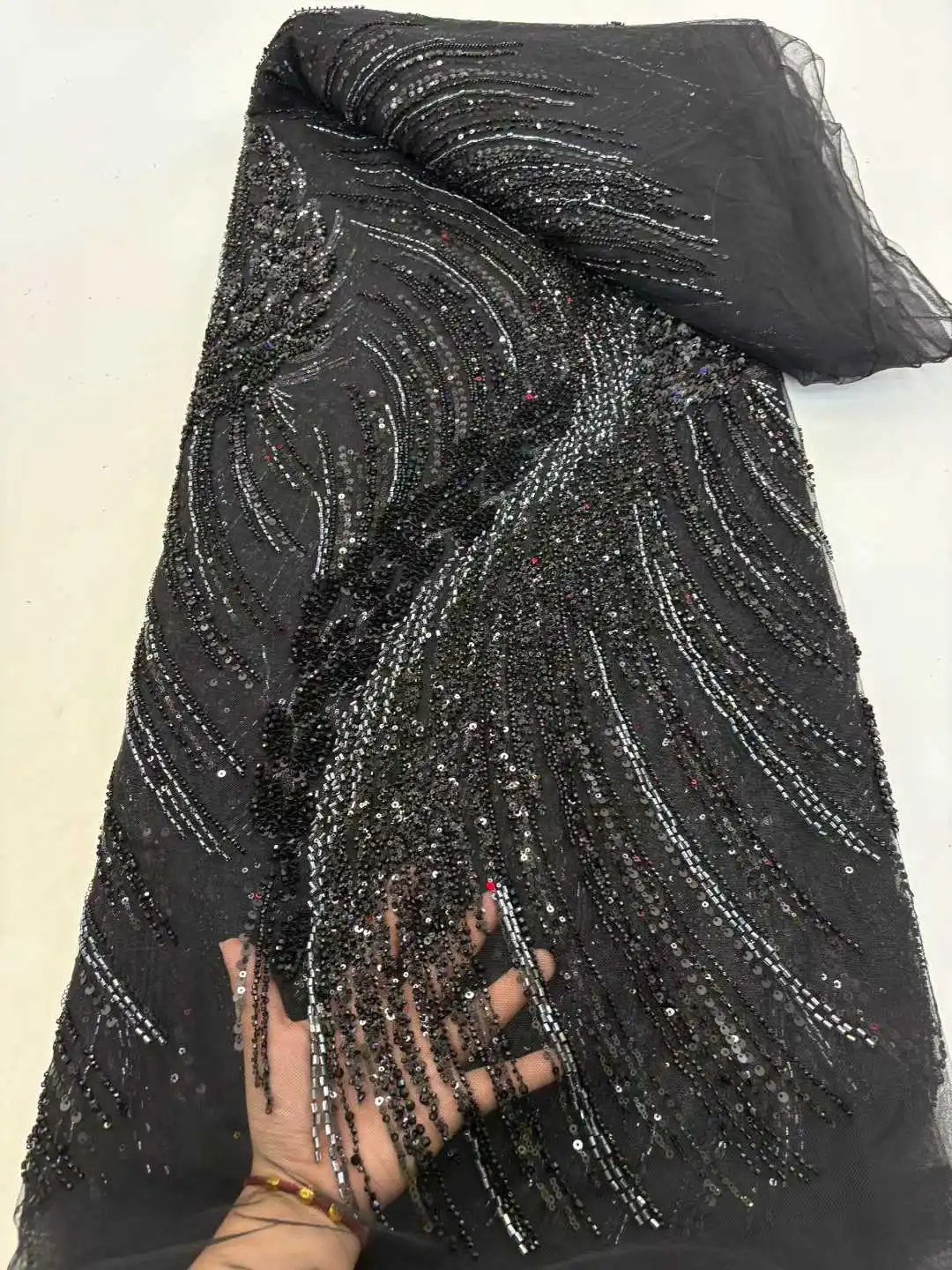 

Black African Beads Lace Fabric 2025 High Quality Nigerian Sequins Groom Lace French Tulle Fabric For Wedding Party Dress Sewing