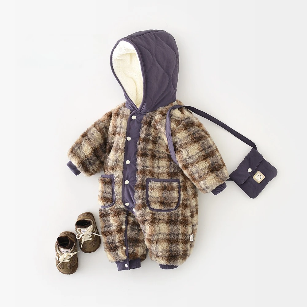 Baby Padded Climbing Clothes 2025 Winter New Hooded and Velvet Padded Baby Boy's One-piece Clothes with Bag