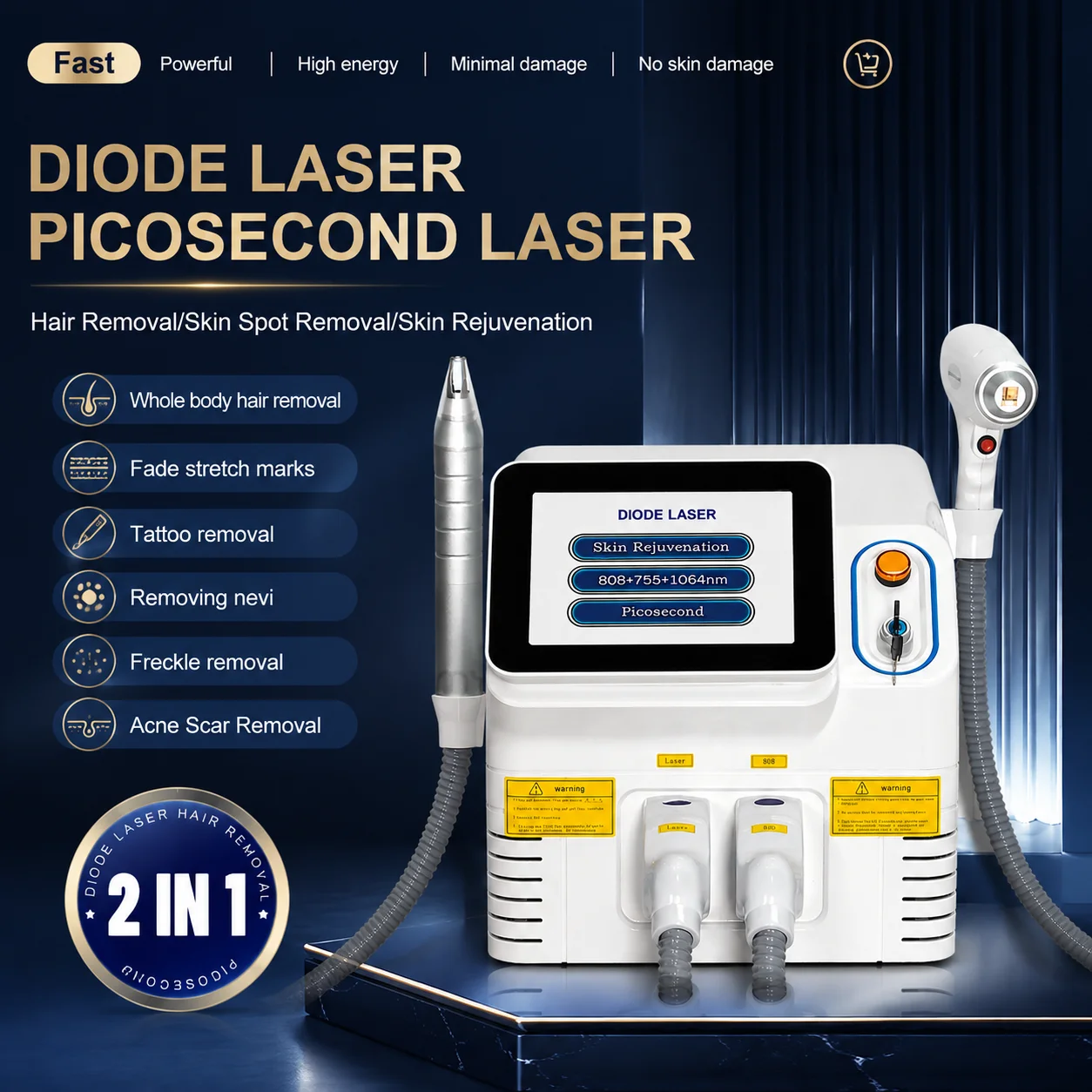 White Professional 2 In 1 755nm 808nm 1064nm Picosecond Instrument Multifunctional Hair Removal Beauty Equipment