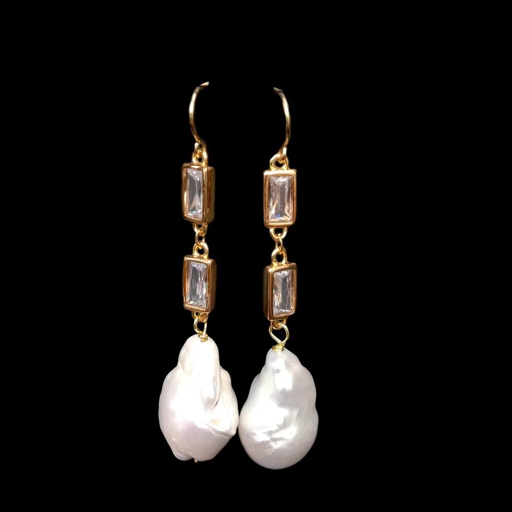 

Y·YING natural Cultured White keshi Pearl Cz pave Chain Dangle Hook Earrings