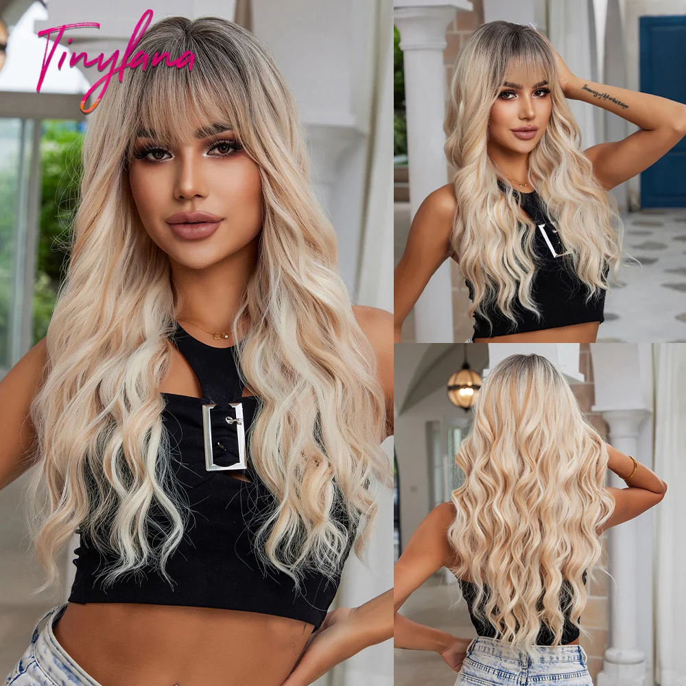 Long Wavy Orange Brown Synthetic Wig with Bangs, Cosplay