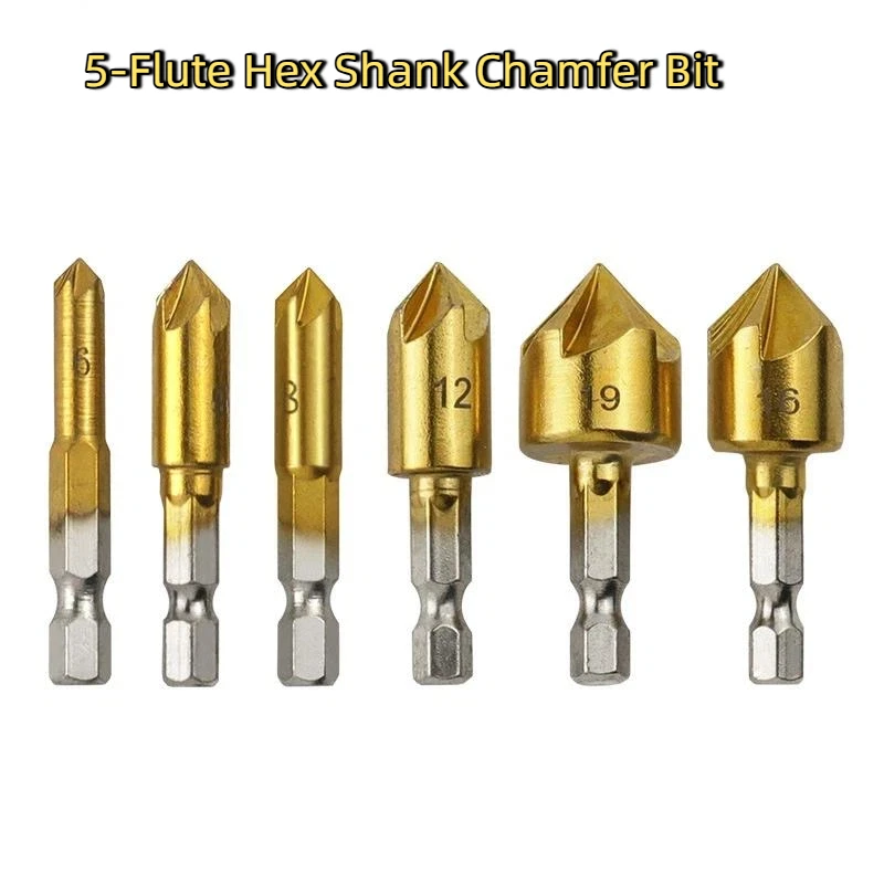 3/6Pcs Hexagonal Handle Titanium Plated Five Edge Chamfering Knife Countersunk Drill 6-19mm Woodworking Spot Facer Tool Set