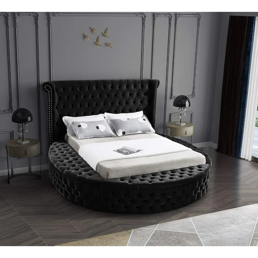 Collection Modern | Contemporary Round Shaped Velvet Upholstered Bed with Deep Button Tufting and Footboard Storage, Queen