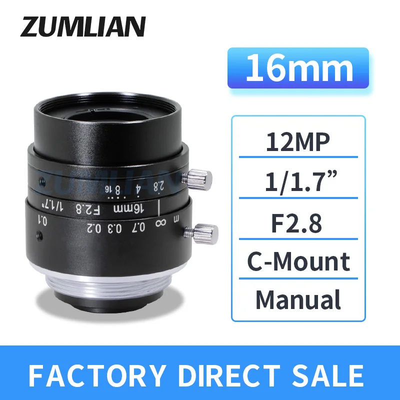 ZUMLIAN 16mm 1/1.7inch Industrial Lens C-Mount Cameras 12Megapixels High Resolution F2.8-16 Manual Iris Lens for Machine Vision