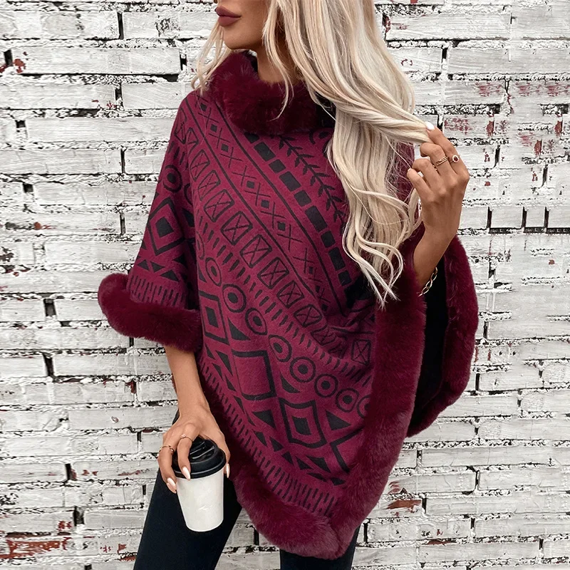 Women Loose Poncho Warm Fur Collar Print Thick Cloak Streetwear Pullover Shawl Casual Splice Capes Vintage Winter 2024