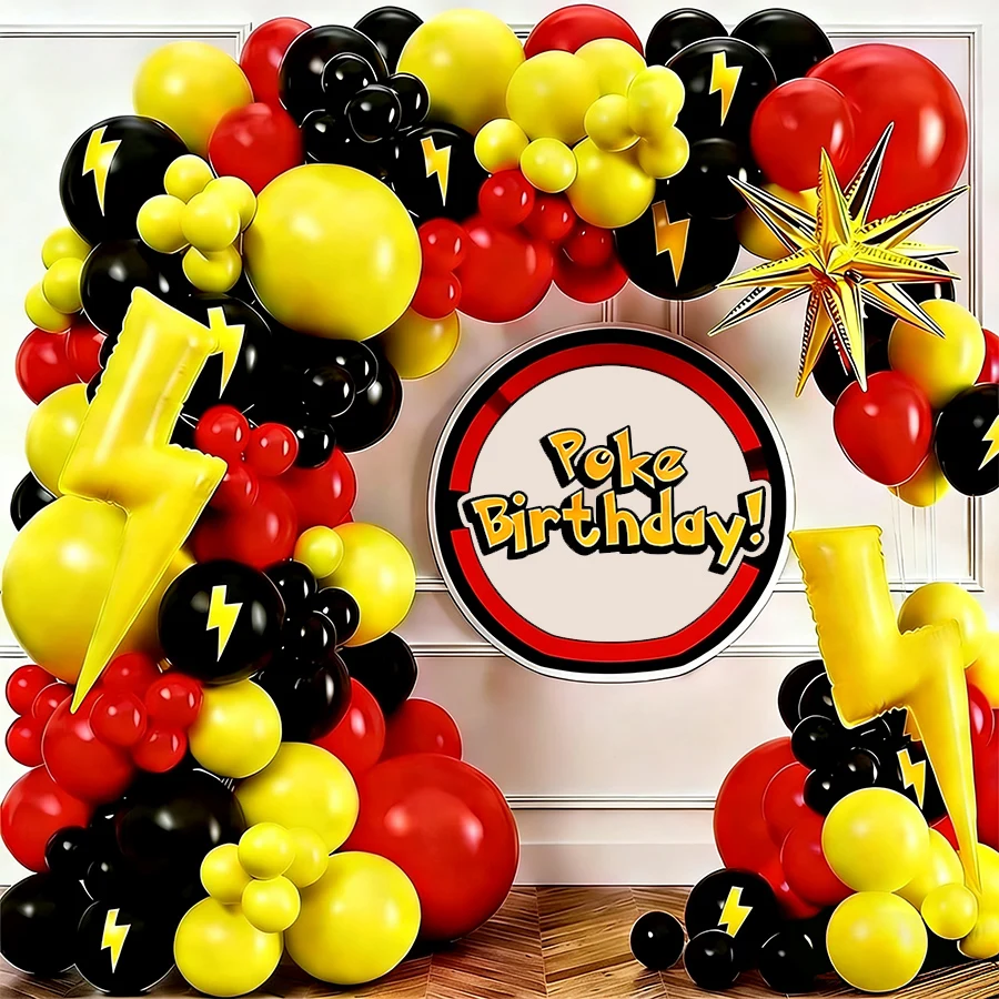 Rot-Schwarz-Gelbe Ballongirlande mit Sternenblitz-Effekt für Poke Cartoon Geburtstag Babyparty Videospiel-Party Dekoration