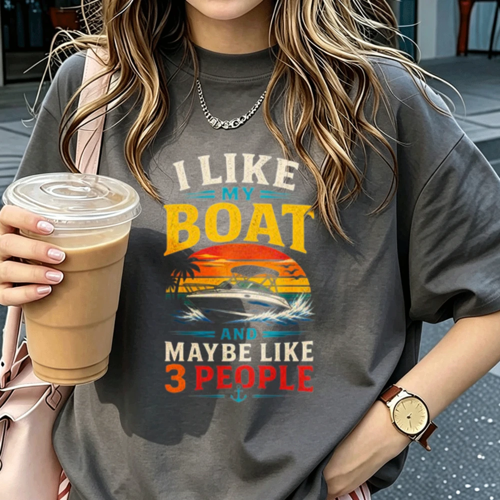 I Like My Boat and Maybe Like 3 People Graphic Cotton T‑Shirt Retro Sunset Boat Anchor Print Funny Boating Humor Casual Tops