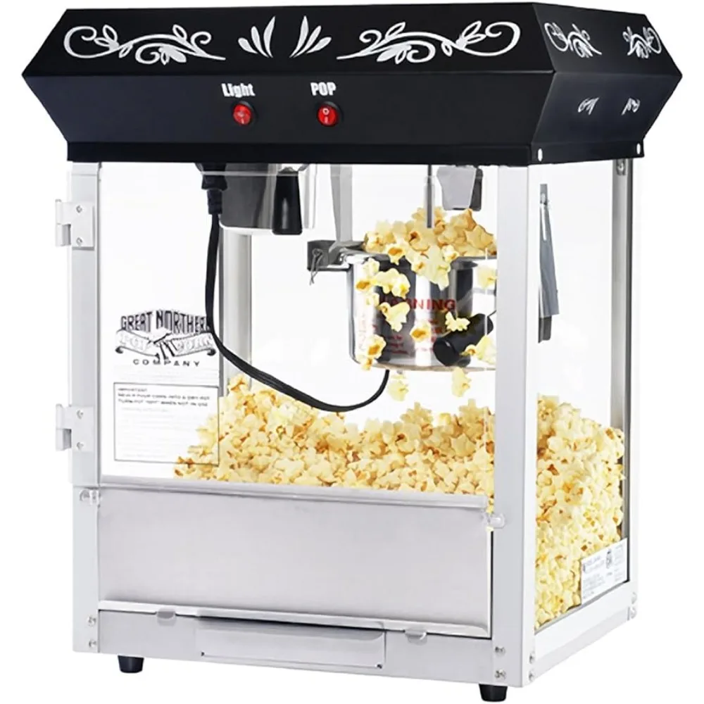 Black Foundation Top Popcorn Machine,4 Ounce,stainless steel kettle，a heated deck，an old maid drawer,Tempered safety glass panel