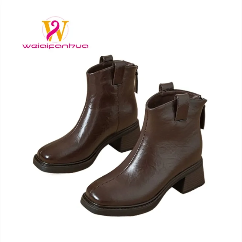 

Women's Boots 2025 Square-toed Chunky Ankle Boots, British Retro High-heeled Cowboy Boots for Women