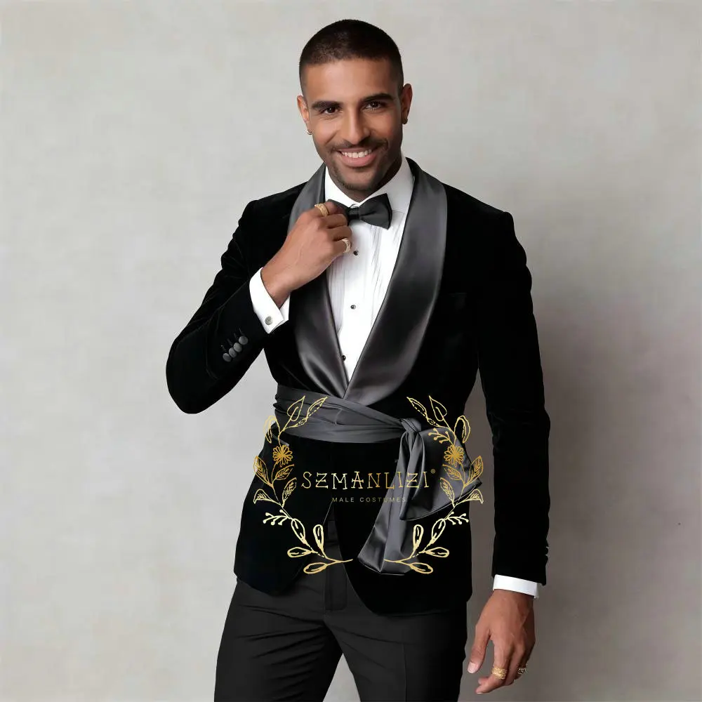 

Черная бархатная куртка, брюки, пояс, мужской костюм из двух предметов, свадебный смокинг жениха, модная мужская одежда, Terno Masculino, костюм Homme
