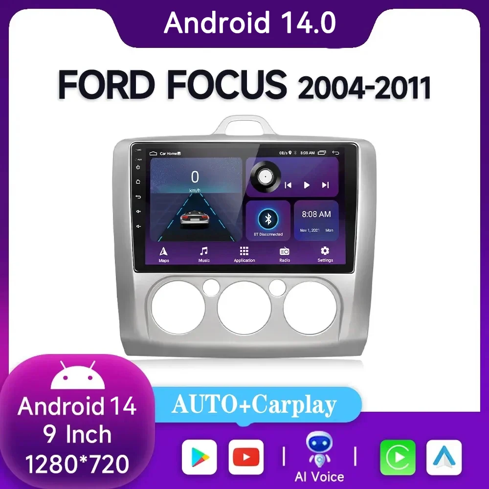 

For Ford Focus 2 3 Exi MT AT Mk2 Mk3 2004-2011 Android 14 Car Radio Multimedia Player 2 Din Navigation Carplay Stereo Head Unit