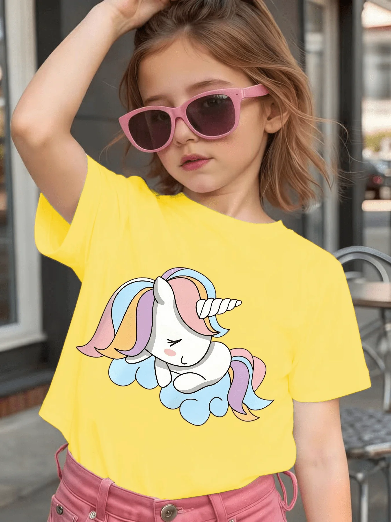 Kids Family Tee Cute Sleeping Unicorn Lying On Cloud Cartoon Print Boys Girls Soft Short Sleeve Sweet Daily Casual Tops