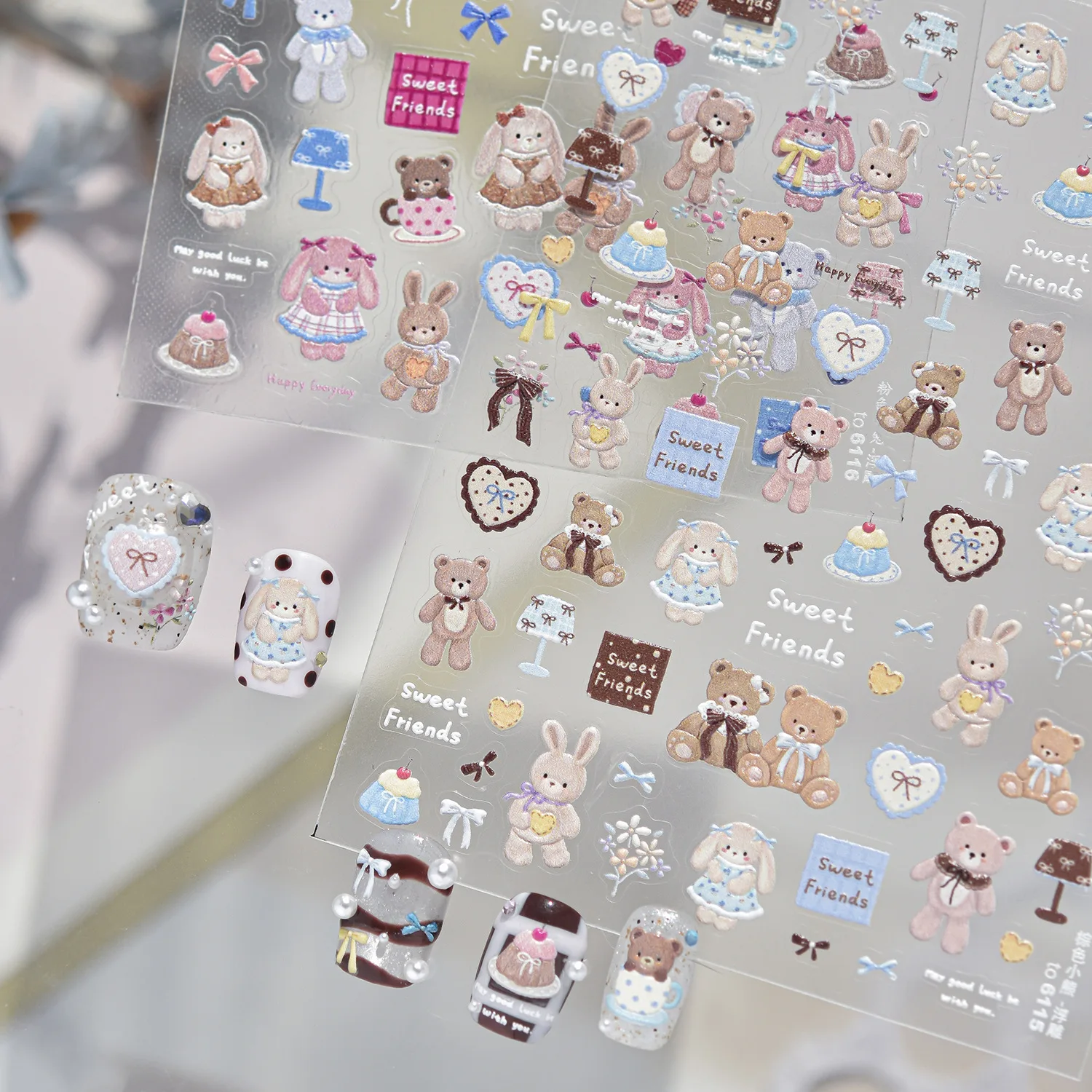 Cute Vintage Doll 5D Nail Decals Fabric Bear Lop Ear Rabbit Cake Lamp Bow Knot Nail Stickers Sweet Cartoon For Girls Manicure