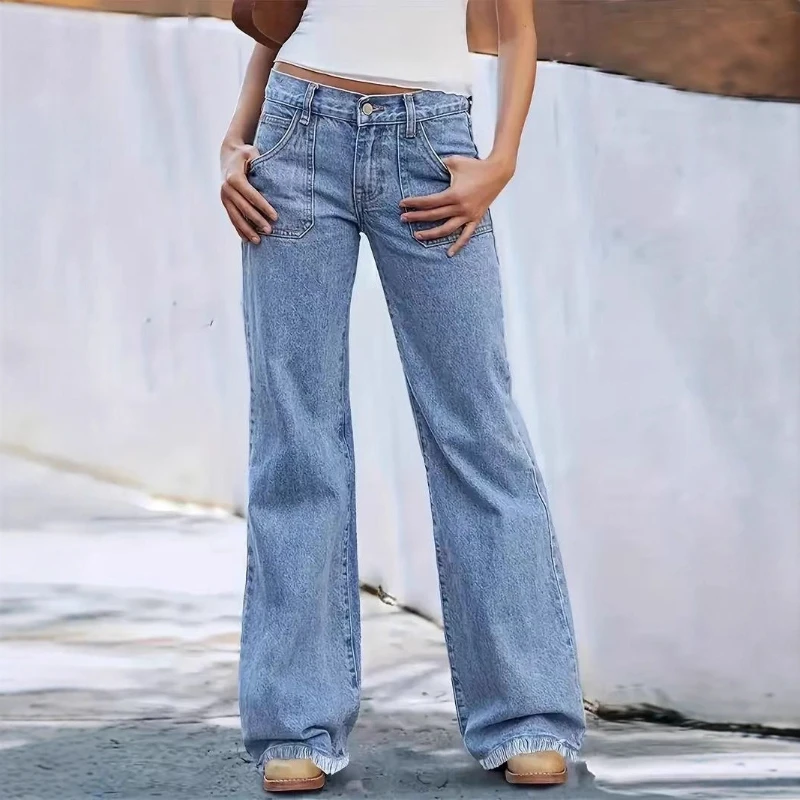 

Straight Denim Pant Women Jeans Mid Waist Trousers Vintage Loose High Street Frayed Hem Pockets Work Casual Basic Pants Spring