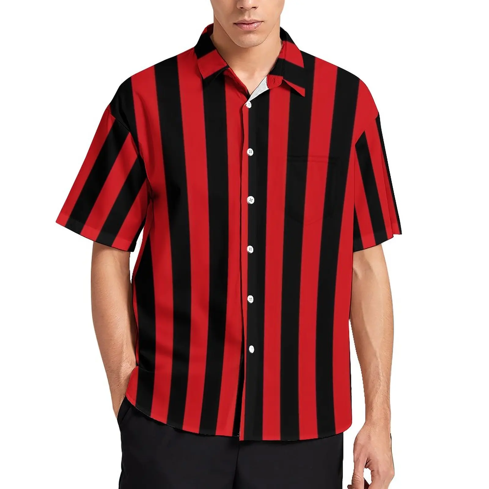 Vertical Striped Casual Shirts Red and Black Stripes Beach Shirt Hawaii Novelty Blouses Men Custom Plus Size