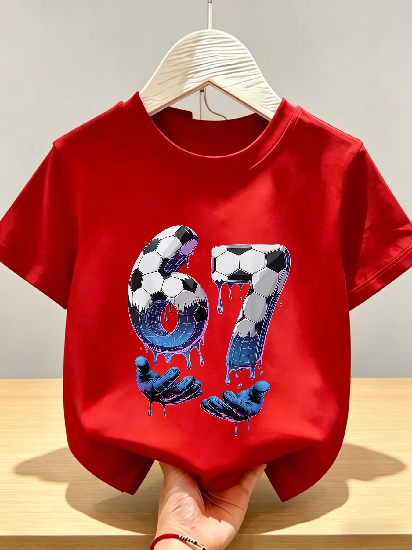Football Number 67 Printed Children's Short Sleeved Soft and Comfortable Daily Casual Style Gradient Digital Children's Clothing