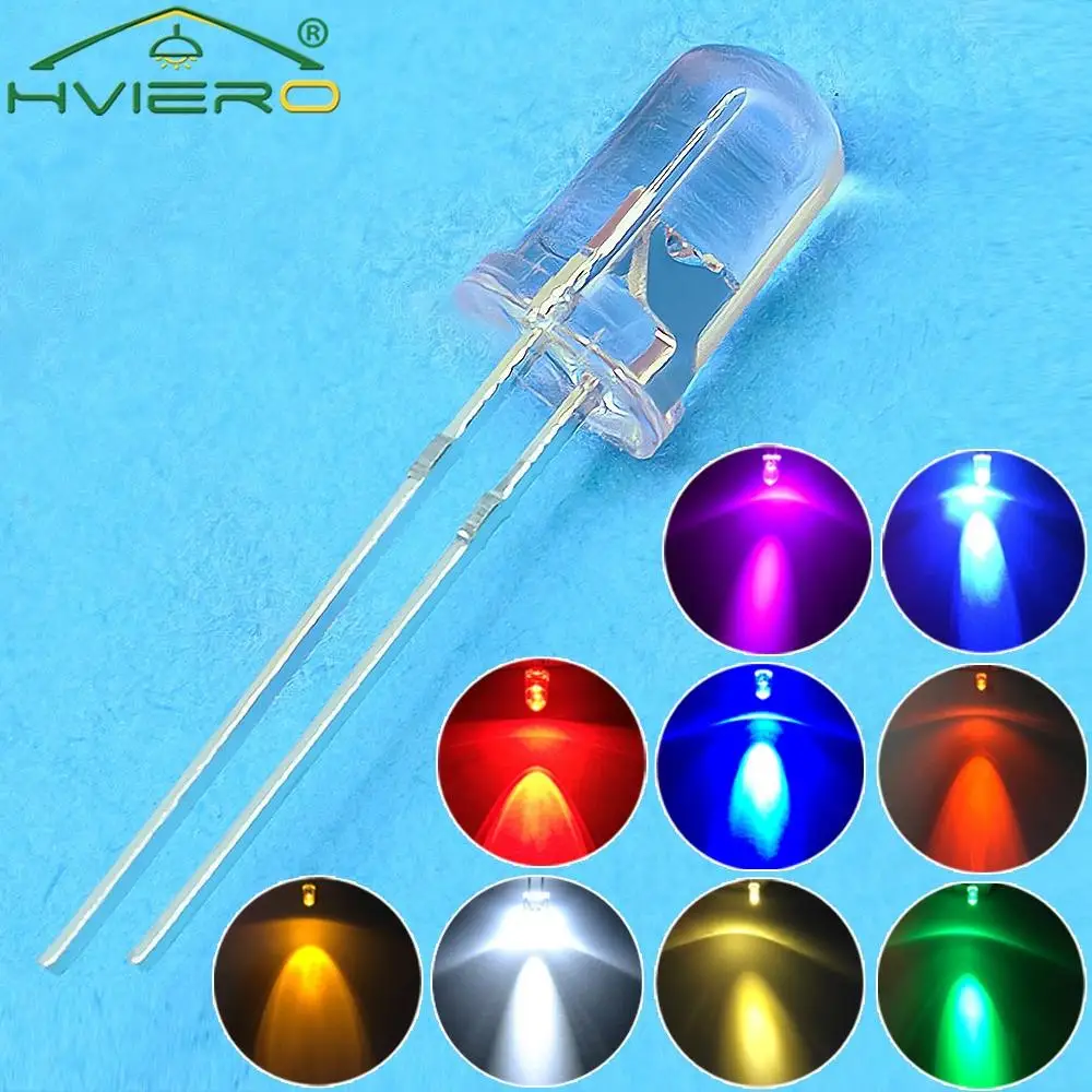 100Pcs 5mm Round LED Diode Emitting Light Beads Clear F5 Assorted Kit RGB White Green Red Blue Warm-White DIY Lights Decoration