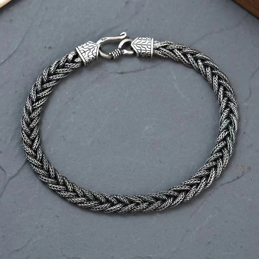

Real 925 Sterling Silver Bracelet For Men Women 6mm Vintage Handmade Weave Twist Rope Pure Silver Bracelets Hand Wrist 9inch