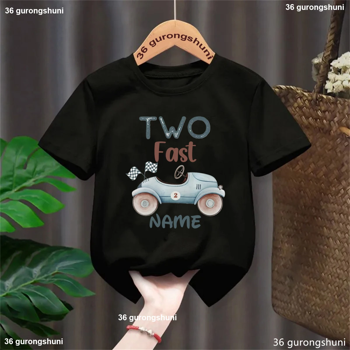 

Custom Name Two Fast Racing Flags Printed T Shirt Boys 2nd Birthday Gift T-Shirt Kawaii Kids Clothes Summer Solid Shirt