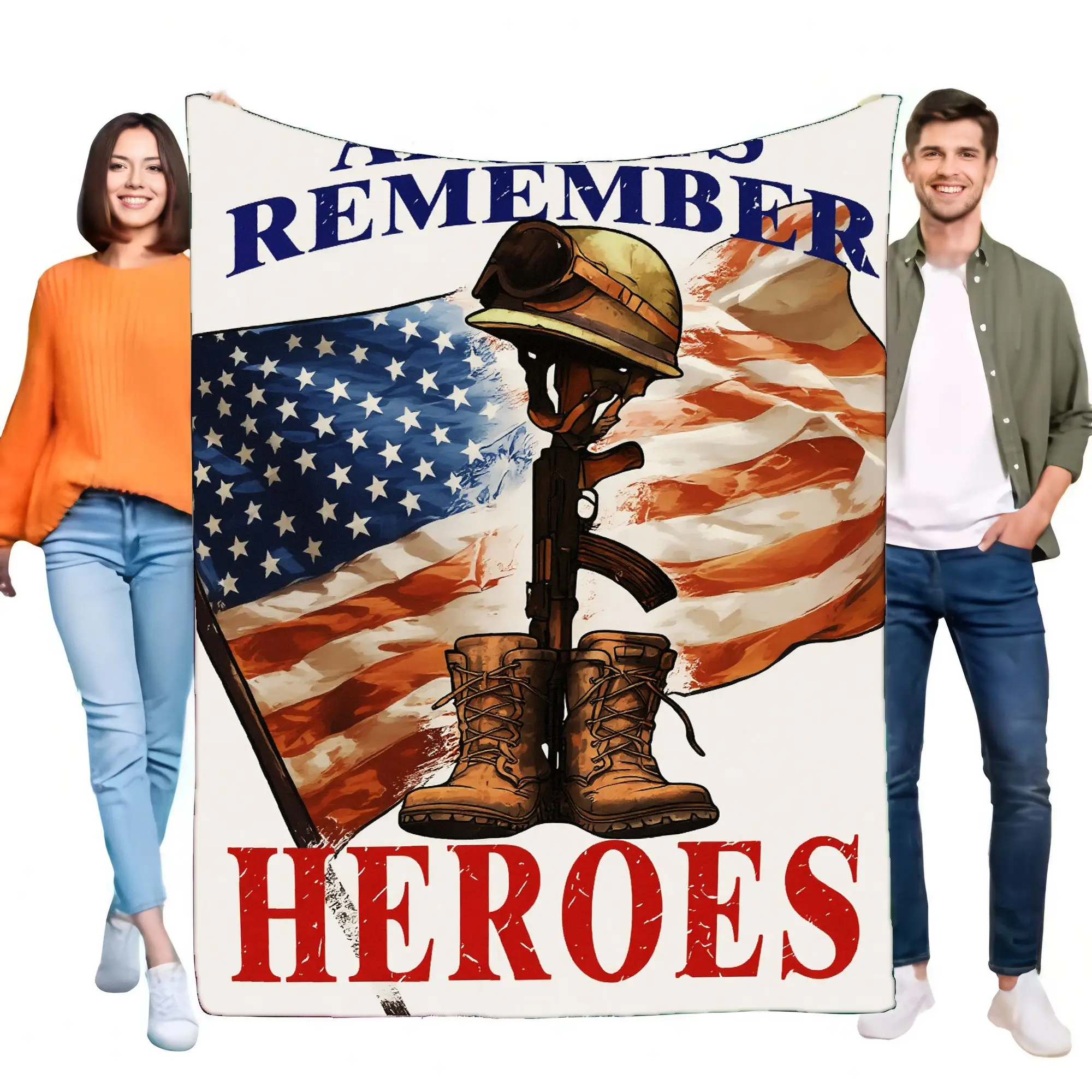 بطانية العلم الأمريكي الوطني مع الأبطال ونص التذكر، ديكور موضوع عسكري، بطانية رمي ناعمة كبيرة للمنزل، أريكة مريحة، #1