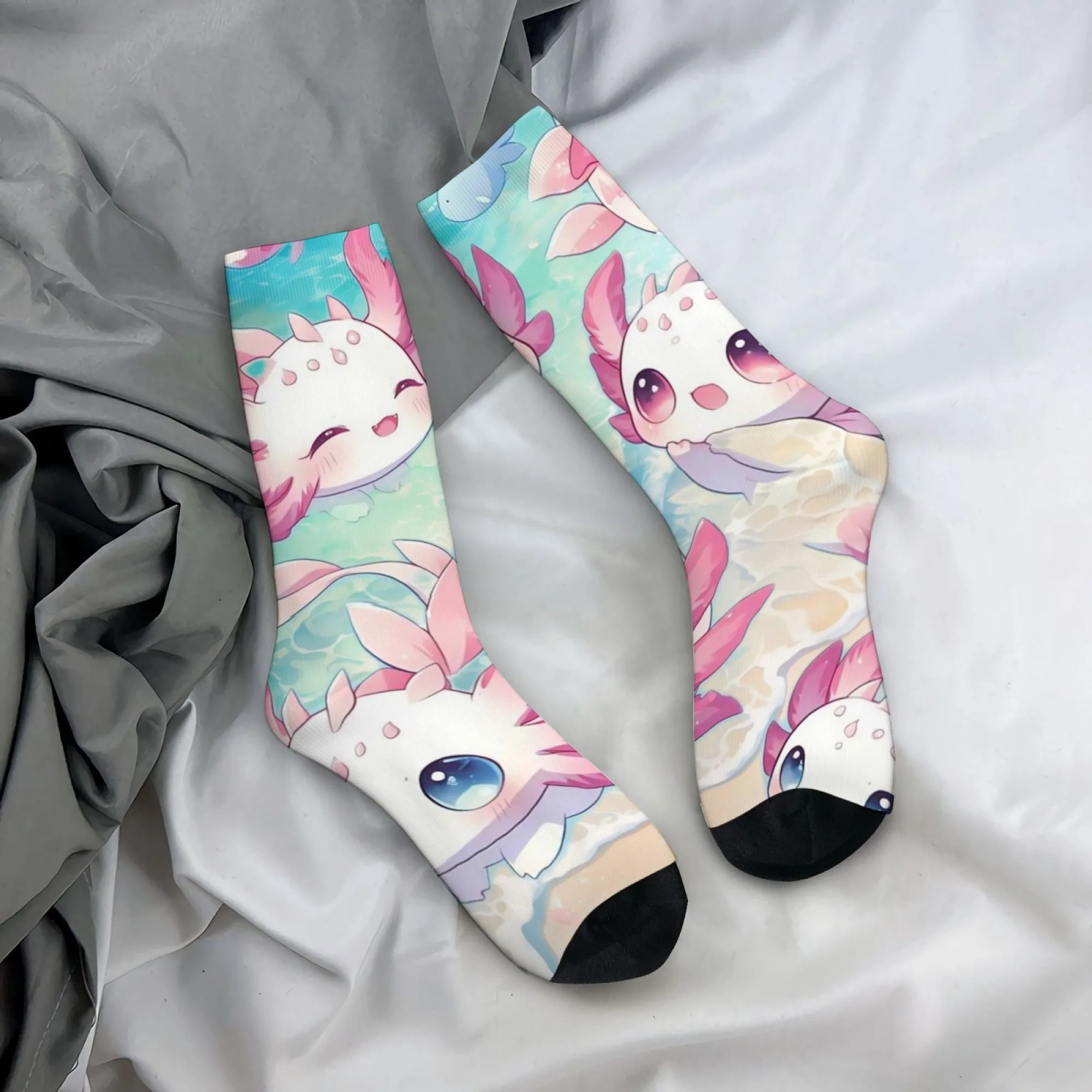 

Adorable Hexagonal Axolotl Cartoon Print Mid-calf Socks Novel Retro Cartoon Party Style Incredibly Comfortable Breathable Soft