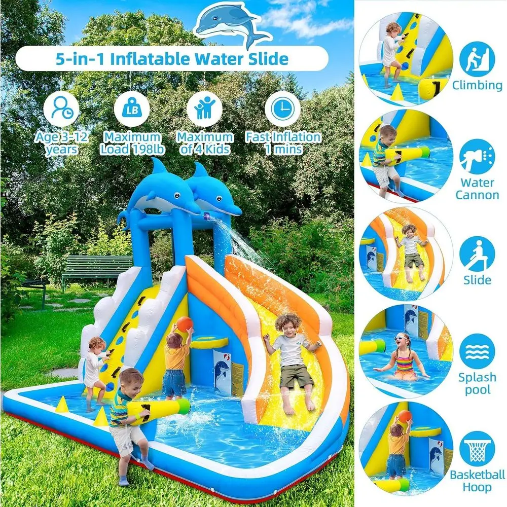 สไลเดอร์น้ำเป่าลม, บ้านลมเป่าลมรูปปลาโลมา 5 in 1 สำหรับเด็ก - ผนังปีนป่าย สระน้ำกระเซ็น ปืนฉีดน้ำ ห่วงบาสเก็ตบอล - 480W B