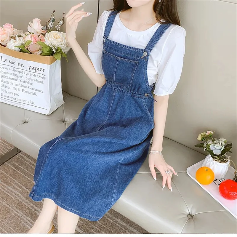 Korean Denim Strap Dress For Women 2023 Spring Summer Loose Small Fresh Salt Waist A Line Mid length Dress Lady Sundress