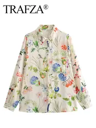 TRAFZA camicetta stampata a fiori moda donna manica lunga con risvolto allentato monopetto Vintage Chic Casual Shirt top