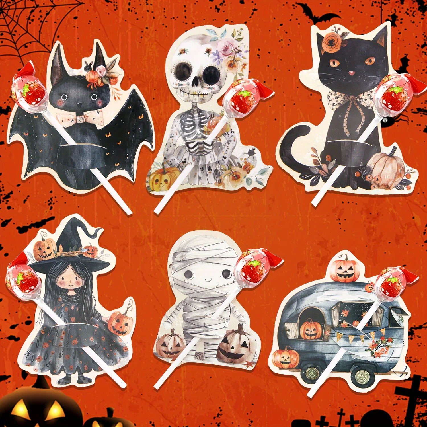 48 Uds. Piruleta de Halloween (con embalaje) tarjetas de dibujos animados de murciélago/bruja/dulces de calavera (con embalaje) soportes para decoración de fiesta de Halloween