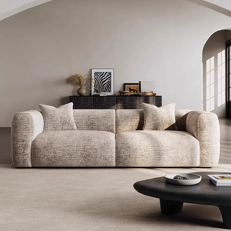 Mid-Century Large White Fabric Sofa, Retro Cream Style, High-End Straight Set for Small Living Room