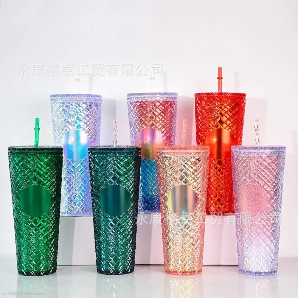 710ml Diamond Radiant Straw Cup with Lid Summer Cold Water Cup Tumbler with Straw Double Layer Plastic Durian Coffee Mug Gourde