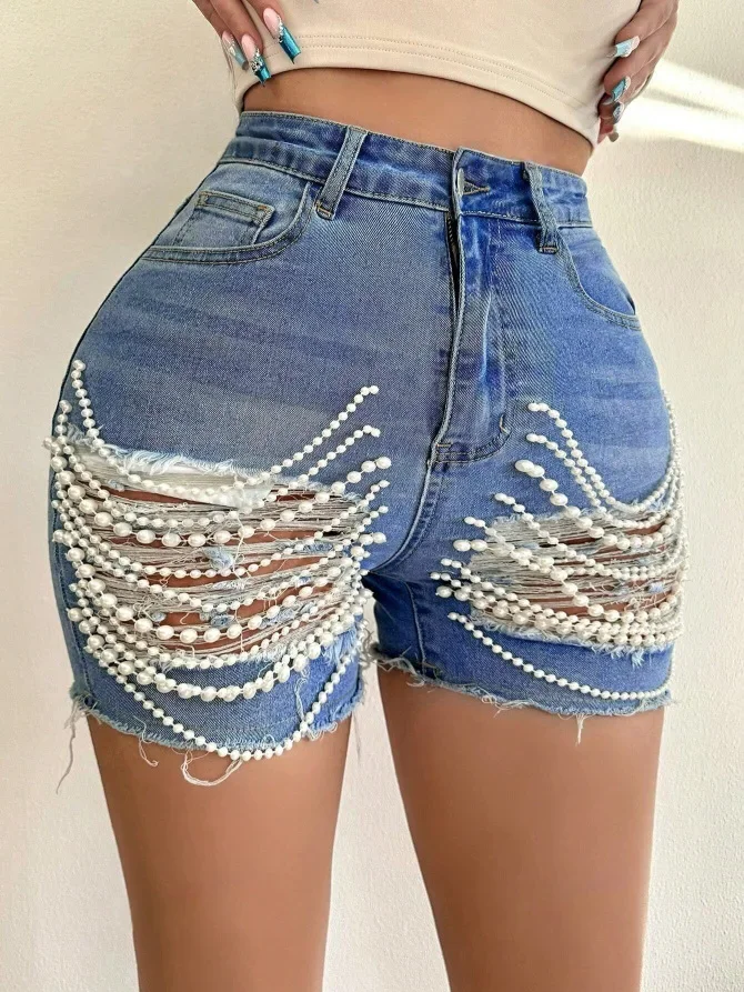 Shorts rasgados de pérola feminino, oco para fora, borla, jeans de perna larga, jeans, moda de rua, verão, 2022