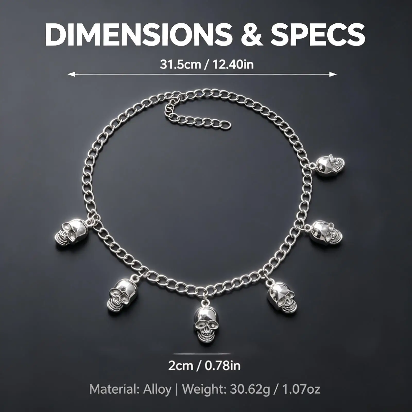 Skull Shoe Chain for Martin Boots–Single Layer Silver Alloy Punk Boot Chain with Skull Charms,Hip Hop Gothic Footwear  Accessory
