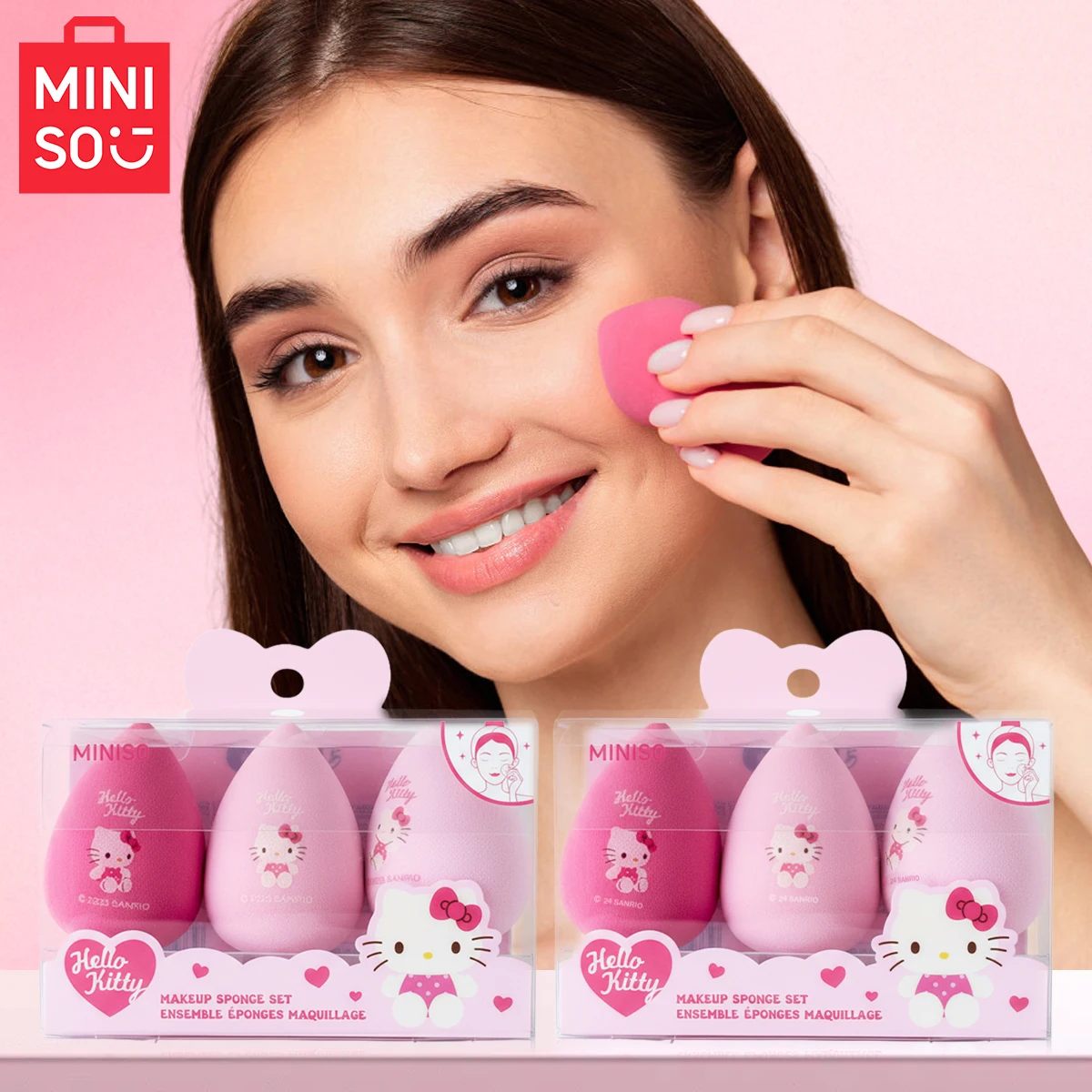 MINISO HelloKitty and Friends Powder Series Beauty Egg 3 قطع أداة مكياج أساسية جافة ورطبة