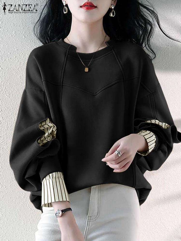 

ZANZEA Streetwear Stripe Patchwork Pullovers Autumn Women Sweatshirts Chic Long Sleeve Hoodies Tops Casual OL Round Neck Blusas